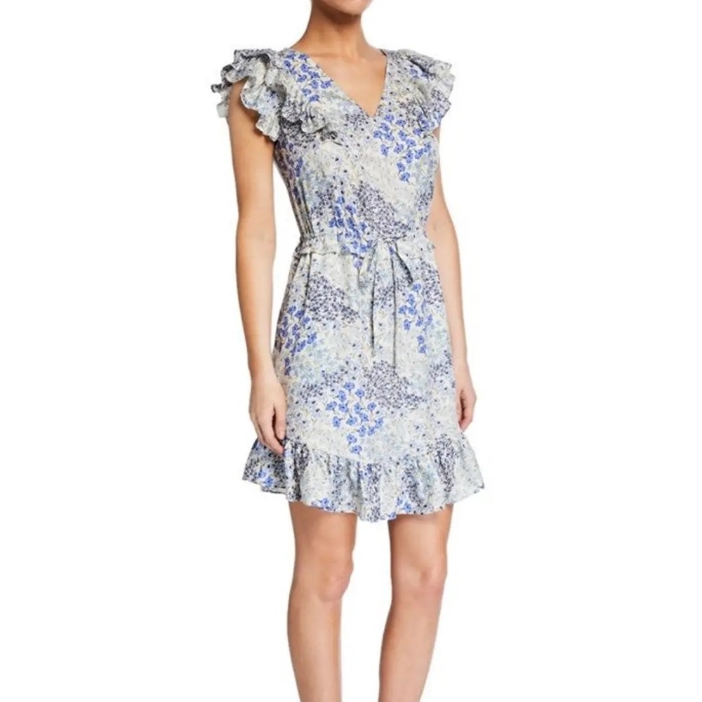 Rebecca Taylor Ava Sleeveless Blue Floral Ruffle Sleeve Mini Dress